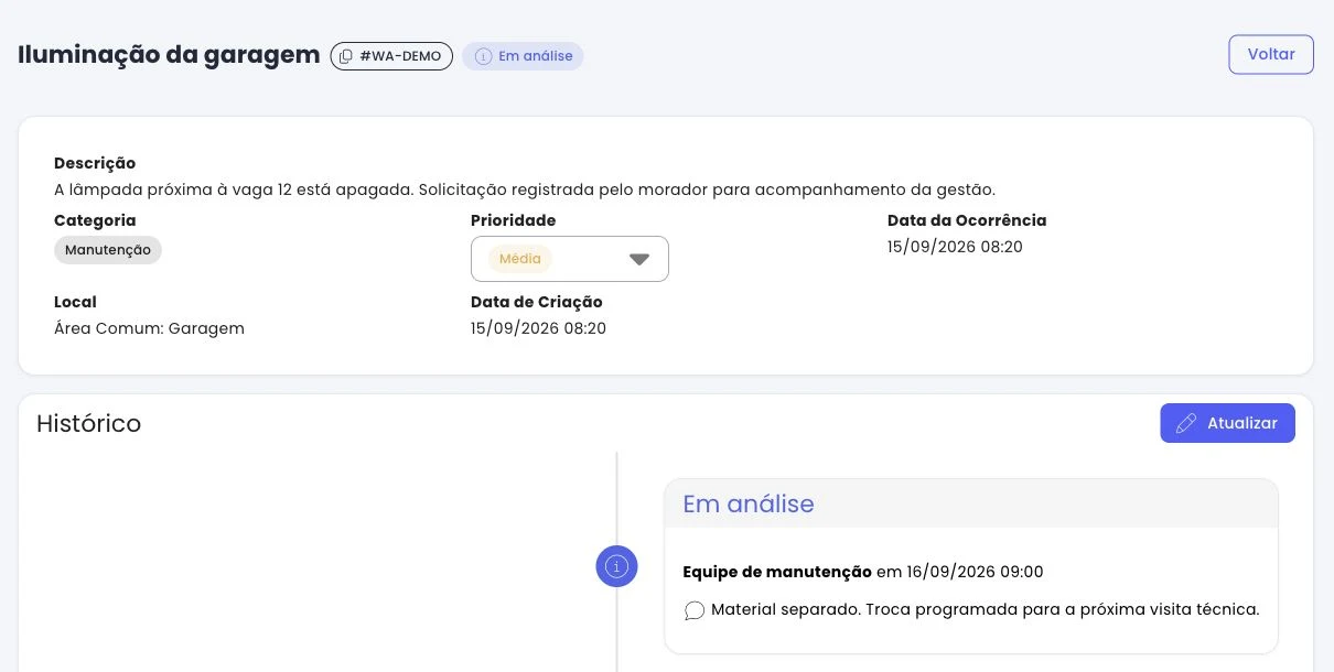 Tela da NuvCondo com detalhe de ocorrência e histórico