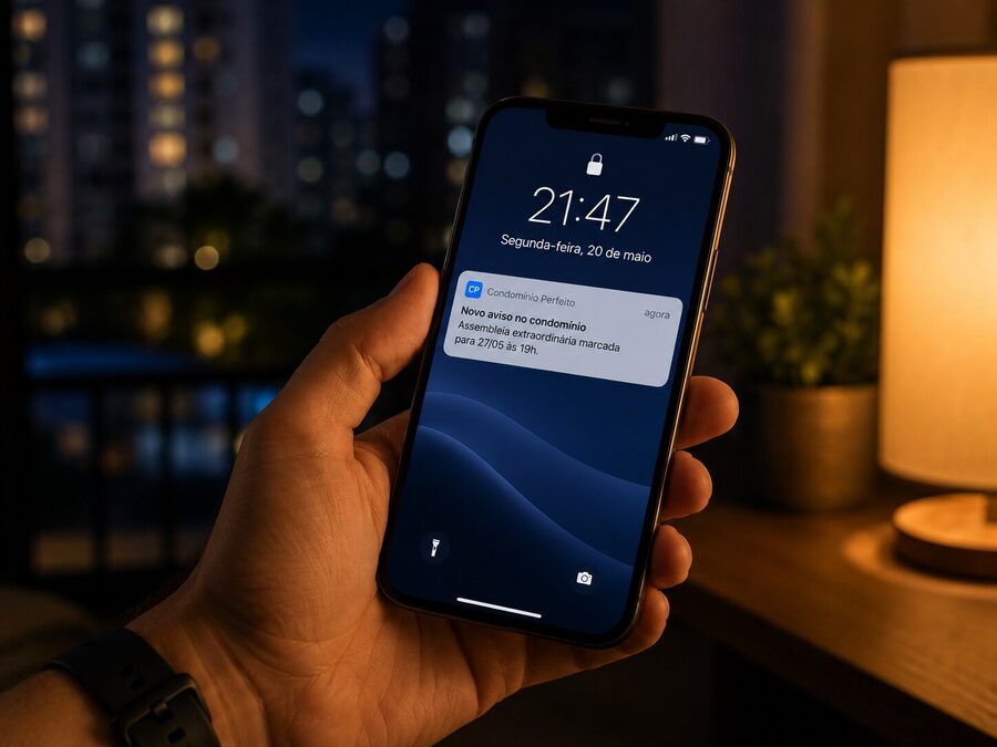 Mão segurando celular à noite com notificação de morador