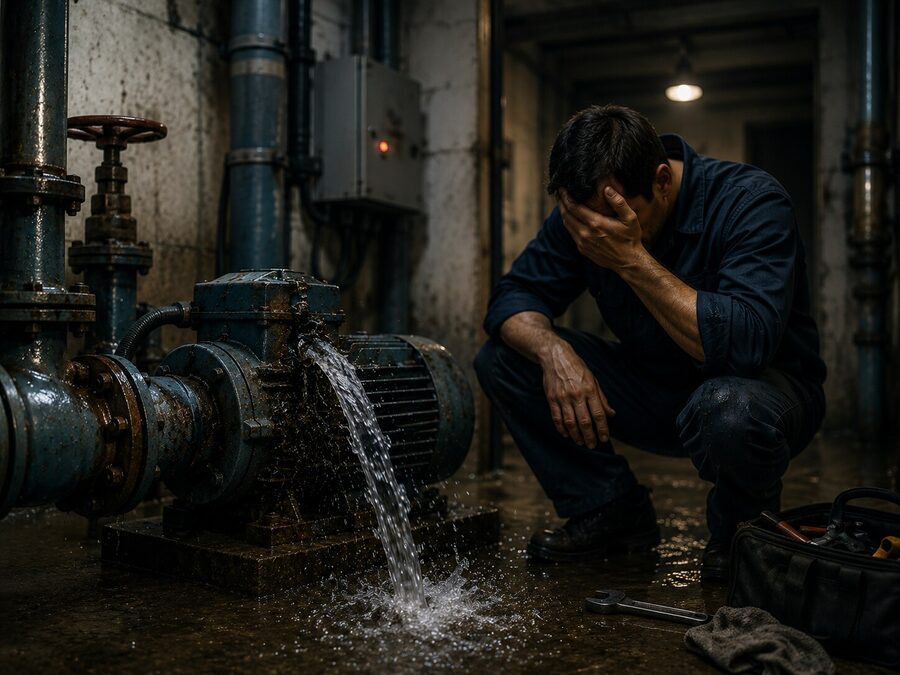 Técnico desolado ao lado de bomba do condomínio vazando água