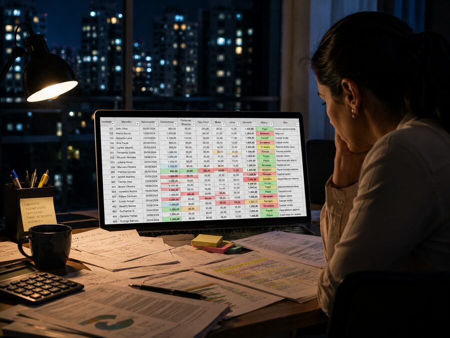 Tela de notebook com planilha de prestação de contas em ambiente noturno