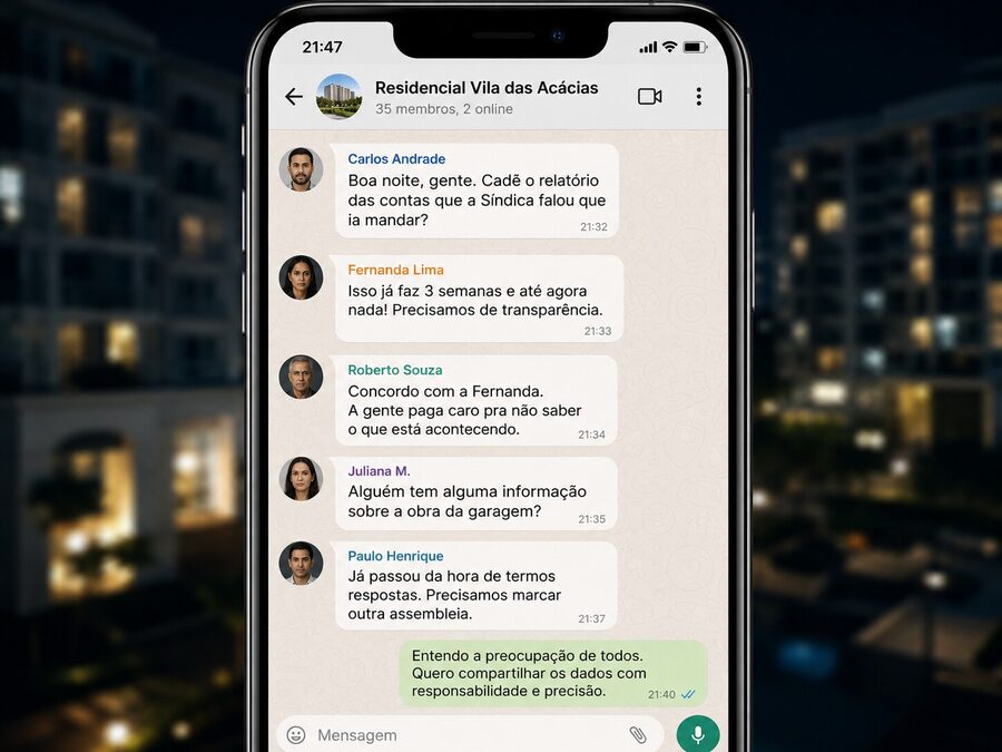 Print de grupo de WhatsApp com moradores cobrando o síndico